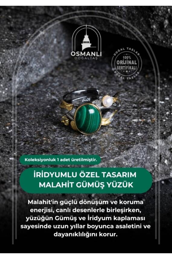 Sertifikalı İridyumlu Özel Tasarım Malahit & İnci Gümüş Yüzük (Kadın) - 2