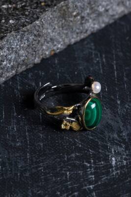 Sertifikalı İridyumlu Özel Tasarım Malahit & İnci Gümüş Yüzük (Kadın) - 3