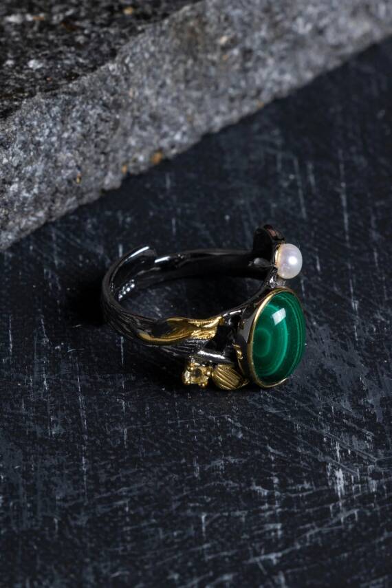 Sertifikalı İridyumlu Özel Tasarım Malahit & İnci Gümüş Yüzük (Kadın) - 3