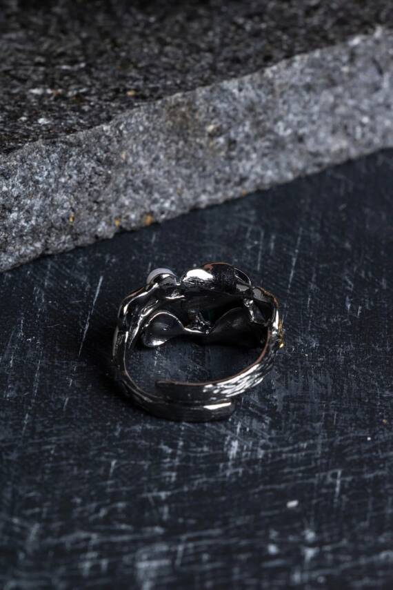 Sertifikalı İridyumlu Özel Tasarım Malahit & İnci Gümüş Yüzük (Kadın) - 4