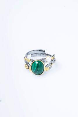 Sertifikalı İridyumlu Özel Tasarım Malahit & İnci Gümüş Yüzük (Kadın) - 6