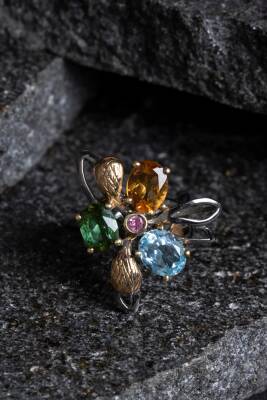 Sertifikalı İridyumlu Zebercet, Akuamarin, Sitrin, Turmalin Gümüş Özel Tasarım Yüzük (Kadın) - Osmanlı Doğal Taş