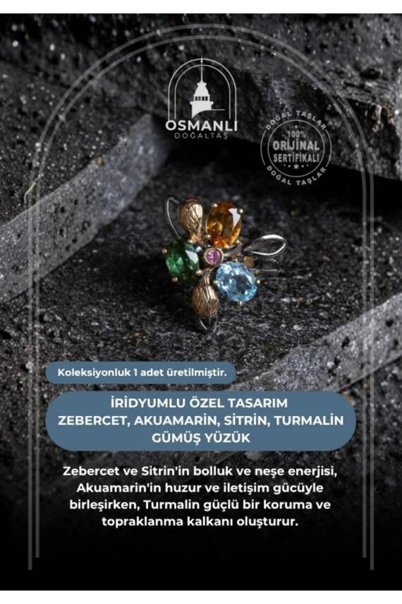 Sertifikalı İridyumlu Zebercet, Akuamarin, Sitrin, Turmalin Gümüş Özel Tasarım Yüzük (Kadın) - 2