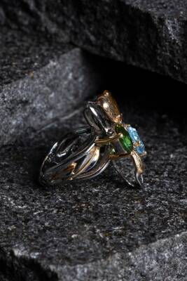 Sertifikalı İridyumlu Zebercet, Akuamarin, Sitrin, Turmalin Gümüş Özel Tasarım Yüzük (Kadın) - 3