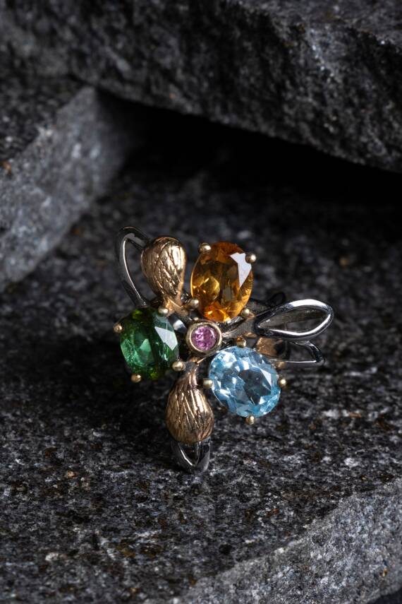 Sertifikalı İridyumlu Zebercet, Akuamarin, Sitrin, Turmalin Gümüş Özel Tasarım Yüzük - 1