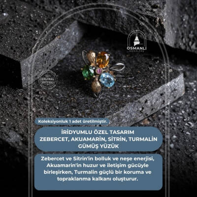Sertifikalı İridyumlu Zebercet, Akuamarin, Sitrin, Turmalin Gümüş Özel Tasarım Yüzük - 2