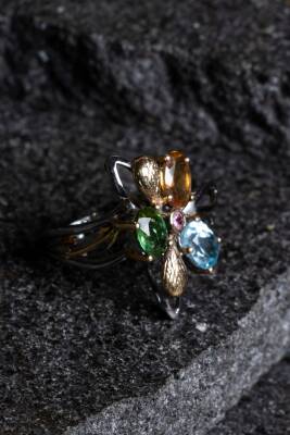 Sertifikalı İridyumlu Zebercet, Akuamarin, Sitrin, Turmalin Gümüş Özel Tasarım Yüzük - 3