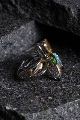 Sertifikalı İridyumlu Zebercet, Akuamarin, Sitrin, Turmalin Gümüş Özel Tasarım Yüzük - 5