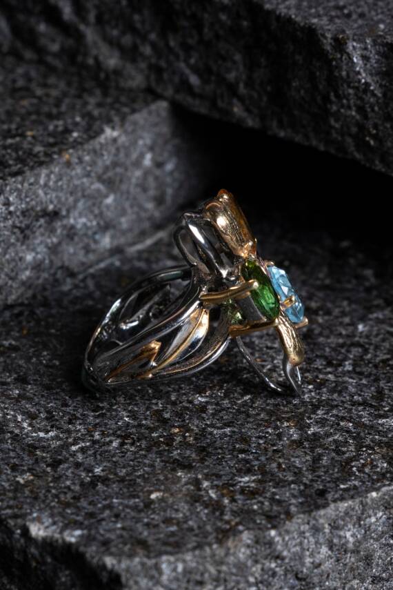 Sertifikalı İridyumlu Zebercet, Akuamarin, Sitrin, Turmalin Gümüş Özel Tasarım Yüzük - 5