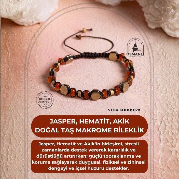 Sertifikalı Jasper, Hematit, Akik Doğal Taş Makrome Bileklik (SK:078) - 2