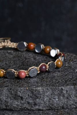 Sertifikalı Jasper, Hematit Doğal Taş Makrome Bileklik - 2