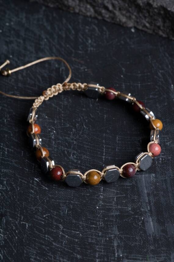 Sertifikalı Jasper, Hematit Doğal Taş Makrome Bileklik - 4