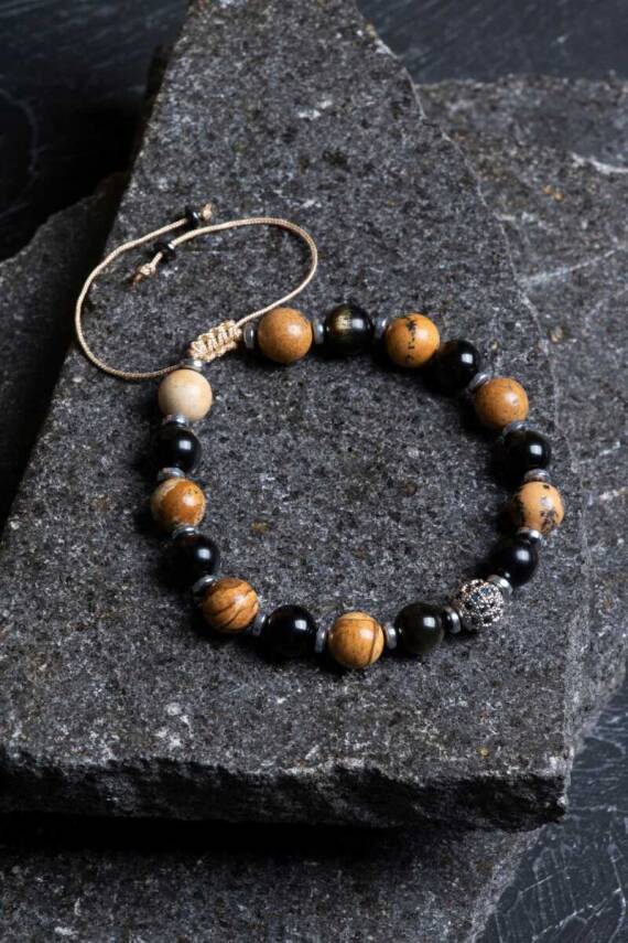 Sertifikalı Jasper, Obsidyen, Hematit Doğal Taş Makrome Bileklik - 1