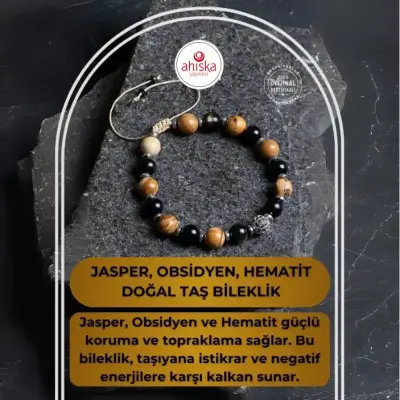 Sertifikalı Jasper, Obsidyen, Hematit Doğal Taş Makrome Bileklik - Doğal Taş (1)