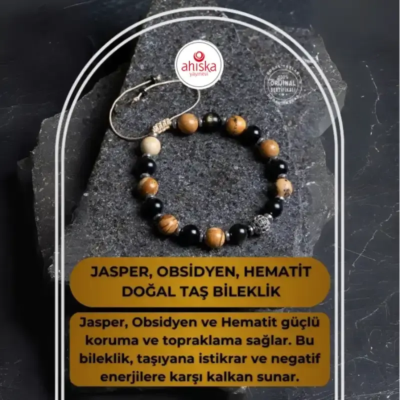 Sertifikalı Jasper, Obsidyen, Hematit Doğal Taş Makrome Bileklik - 2