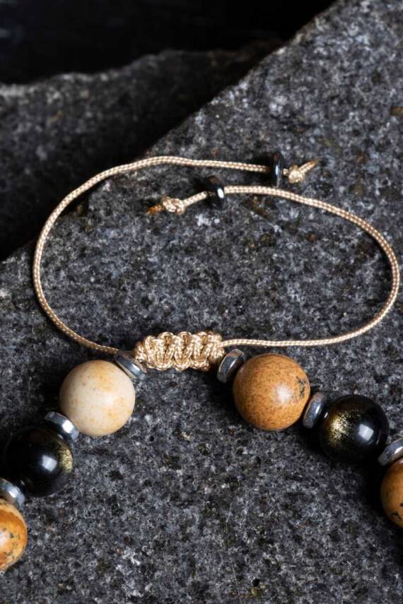 Sertifikalı Jasper, Obsidyen, Hematit Doğal Taş Makrome Bileklik - 4