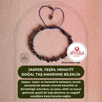 Sertifikalı Jasper, Yeşim, Hematit Doğal Taş Makrome Bileklik (SK069) - 1