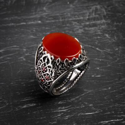 Sertifikalı Kalp Çakrası Akik Yüzük 925 Ayar Gümüş (Erkek) - Osmanlı Doğaltaş