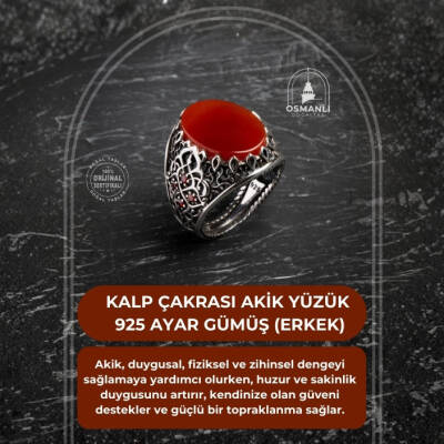 Sertifikalı Kalp Çakrası Akik Yüzük 925 Ayar Gümüş (Erkek) - 2