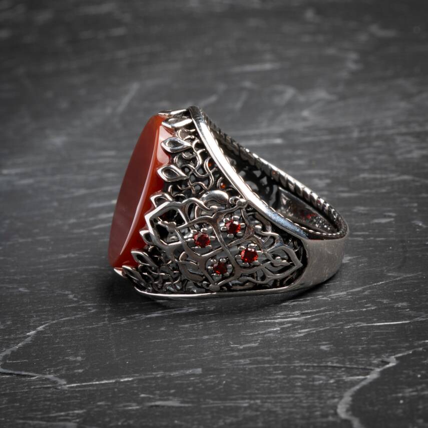 Sertifikalı Kalp Çakrası Akik Yüzük 925 Ayar Gümüş (Erkek) - 4