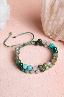 Sertifikalı Kalp Çakrası Çift Sıra Doğal Taş Makrome Bileklik - Osmanlı Doğal Taş