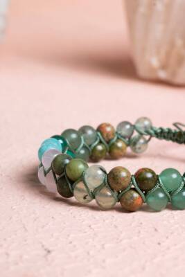 Sertifikalı Kalp Çakrası Çift Sıra Doğal Taş Makrome Bileklik - 2