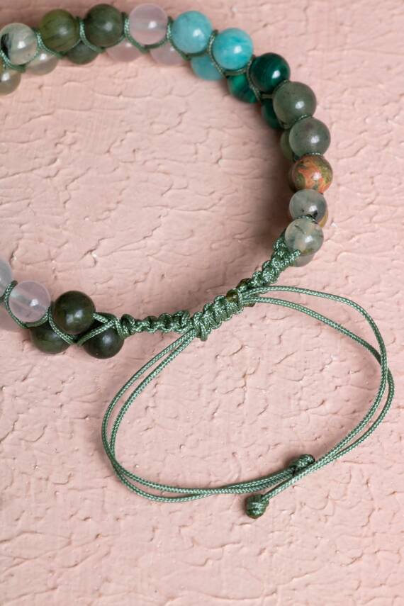 Sertifikalı Kalp Çakrası Çift Sıra Doğal Taş Makrome Bileklik - 4