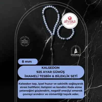 Sertifikalı Kalsedon 925 Ayar Gümüş 8 mm İmameli Tesbih & Bileklik Seti - Doğal Taş (1)