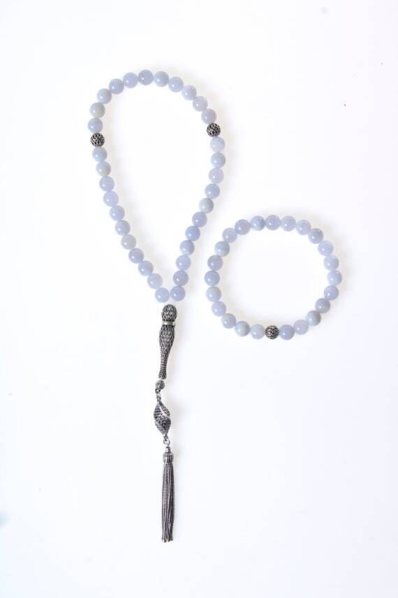 Sertifikalı Kalsedon 925 Ayar Gümüş 8 mm İmameli Tesbih & Bileklik Seti - 1