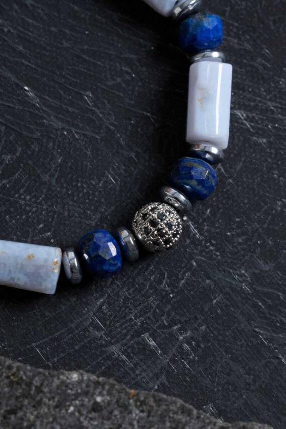 Sertifikalı Kalsedon ve Lapis Lazuli Doğal Taş Bileklik - 4