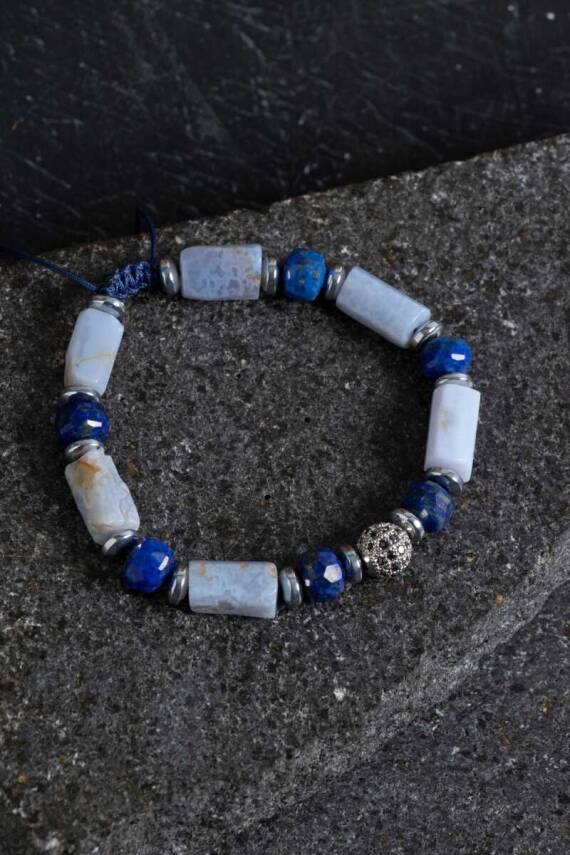Sertifikalı Kalsedon ve Lapis Lazuli Doğal Taş Bileklik - 5