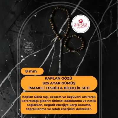Sertifikalı Kaplan Gözü 925 Ayar Gümüş 8 mm İmameli Tesbih & Bileklik Seti - Doğal Taş (1)
