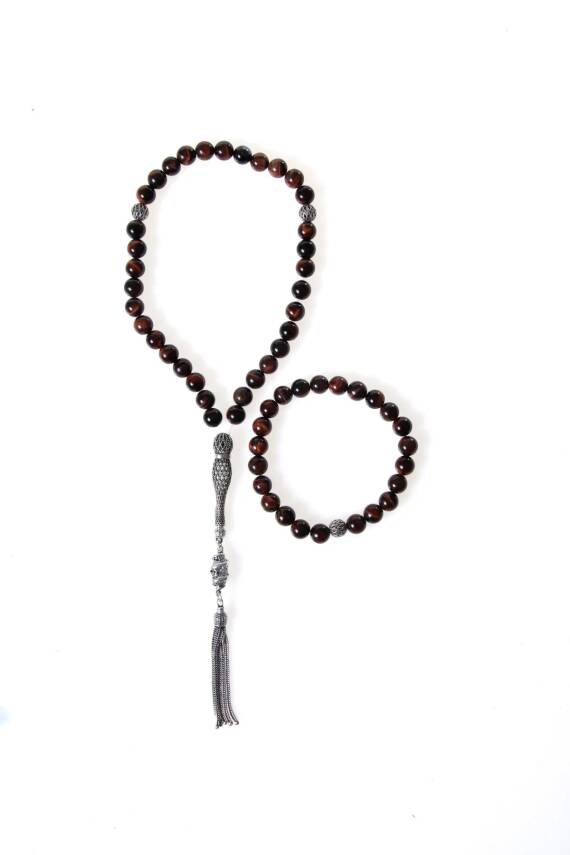 Sertifikalı Kaplan Gözü 925 Ayar Gümüş 8 mm İmameli Tesbih & Bileklik Seti - 1