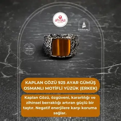 Sertifikalı Kaplan Gözü 925 Ayar Gümüş Osmanlı Motifli Yüzük (Erkek) - Doğal Taş (1)