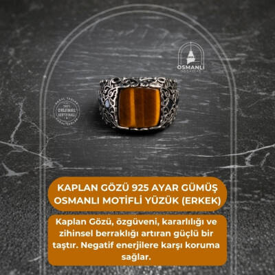 Sertifikalı Kaplan Gözü 925 Ayar Gümüş Osmanlı Motifli Yüzük (Erkek) - 2