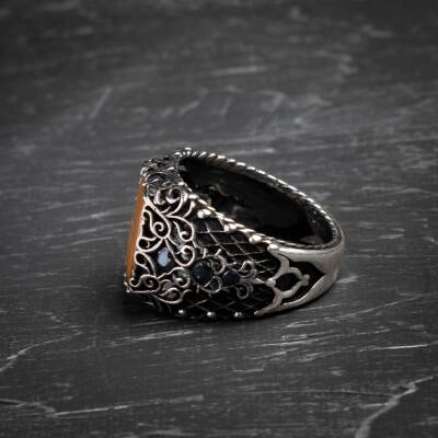 Sertifikalı Kaplan Gözü 925 Ayar Gümüş Osmanlı Motifli Yüzük (Erkek) - 4