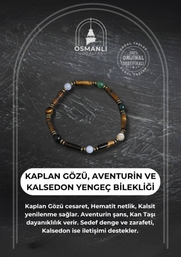 Sertifikalı Kaplan Gözü, Aventurin ve Kalsedon Yengeç Bilekliği - 2