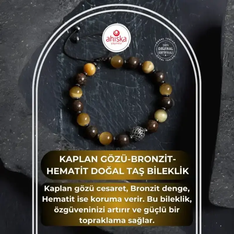 Sertifikalı Kaplan Gözü, Bronzit, Hematit Doğal Taş Makrome Bileklik - 2