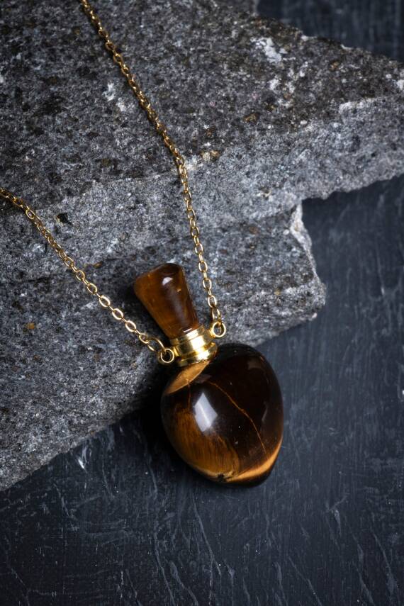 Sertifikalı Kaplan Gözü Doğal Taş Esans Şişesi Kolye - 4