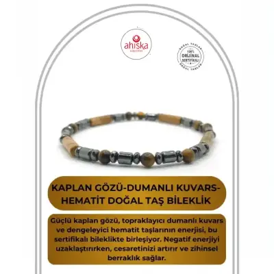 Sertifikalı Kaplan Gözü-Dumanlı Kuvars-Hematit Doğal Taş Bileklik - 1