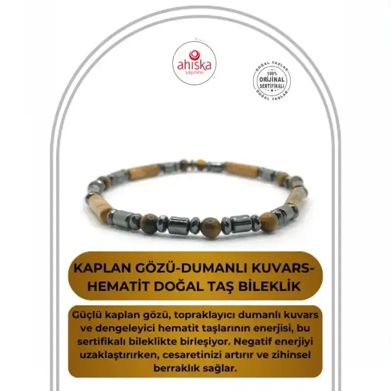 Sertifikalı Kaplan Gözü-Dumanlı Kuvars-Hematit Doğal Taş Bileklik - 1
