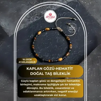 Sertifikalı Kaplan Gözü, Hematit Doğal Taş Makrome Bileklik - 1