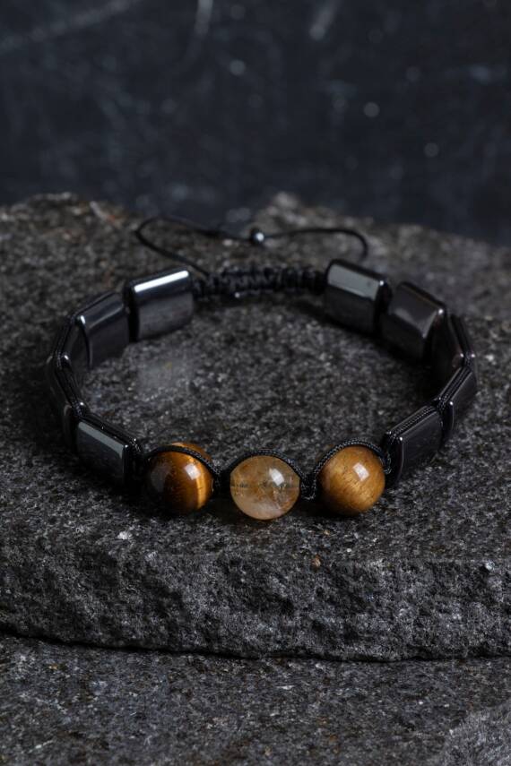 Sertifikalı Kaplan Gözü, Hematit Doğal Taş Makrome Bileklik (SK:356) - 1