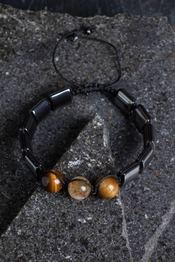 Sertifikalı Kaplan Gözü, Hematit Doğal Taş Makrome Bileklik (SK:356) - 2