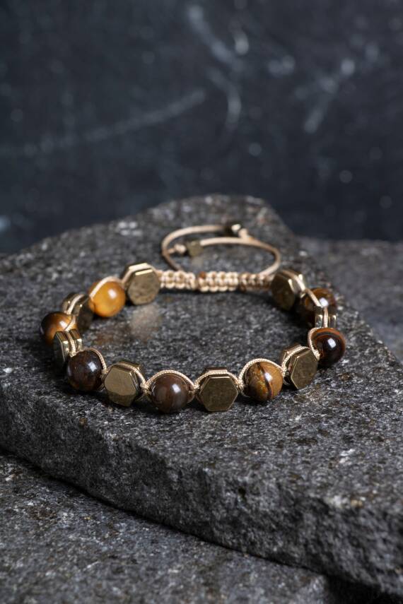 Sertifikalı Kaplan Gözü, Hematit Doğal Taş Makrome Bileklik (SK:361) - 1