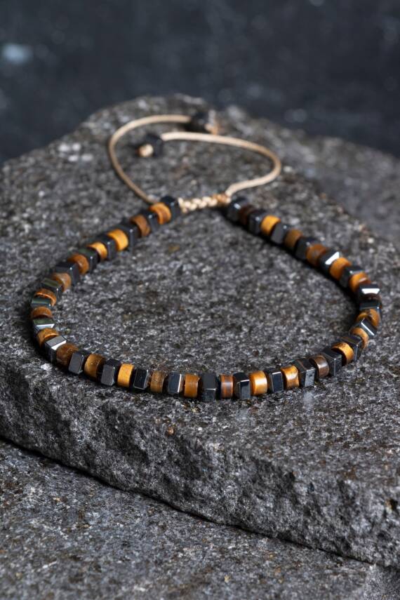 Sertifikalı Kaplan Gözü, Hematit Doğal Taş Makrome Bileklik (SK:366) - 1