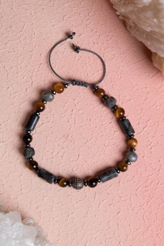 Sertifikalı Kaplan Gözü, Hematit, Spektrolit, Labradorit Gümüş Aparatlı Doğal Taş Makrome Bileklik (SK:388) - 1