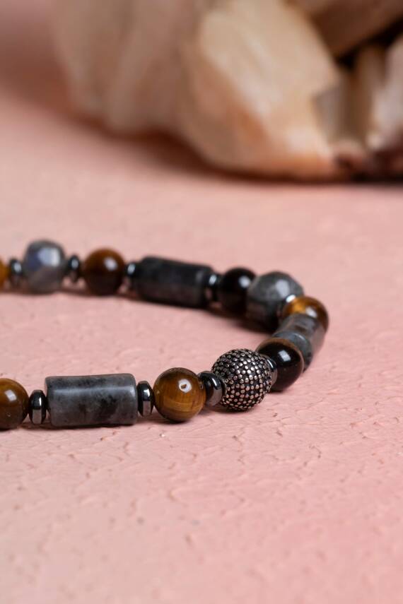 Sertifikalı Kaplan Gözü, Hematit, Spektrolit, Labradorit Gümüş Aparatlı Doğal Taş Makrome Bileklik (SK:388) - 3