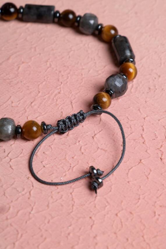 Sertifikalı Kaplan Gözü, Hematit, Spektrolit, Labradorit Gümüş Aparatlı Doğal Taş Makrome Bileklik (SK:388) - 4