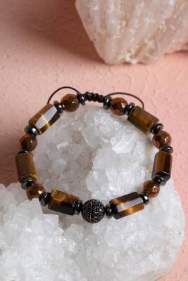 Sertifikalı Kaplan Gözü, Hematit Zirkon Aparatlı Doğal Taş Makrome Bileklik (SK:386) - 2